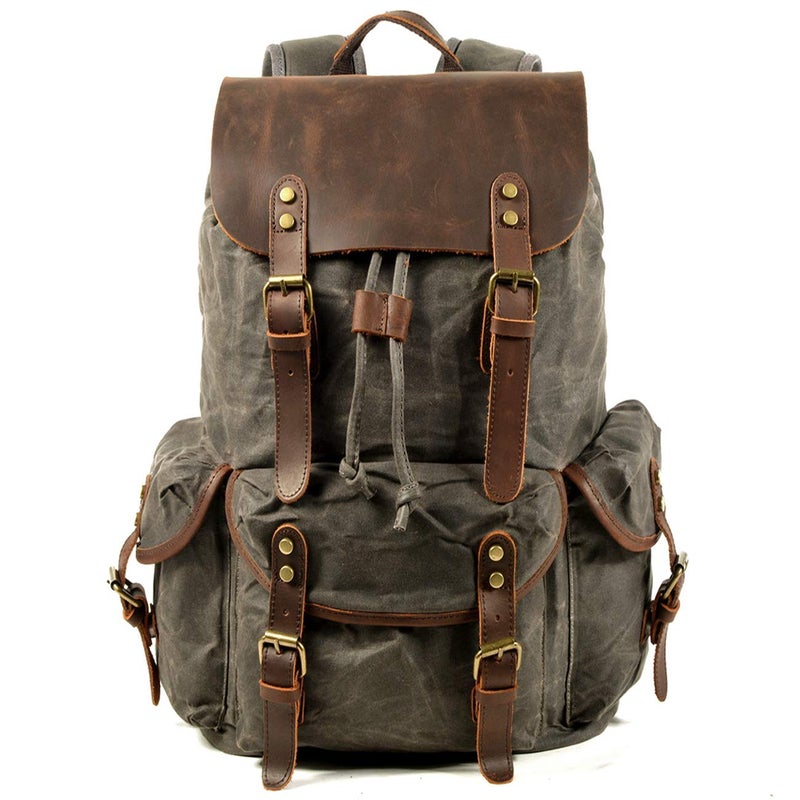 WUDON Leather Backpack for Men, Waxed Canvas Shoulder Rucksack Carry-On Travel Backpack (Grey-Oversize, Oversize) - Image 1